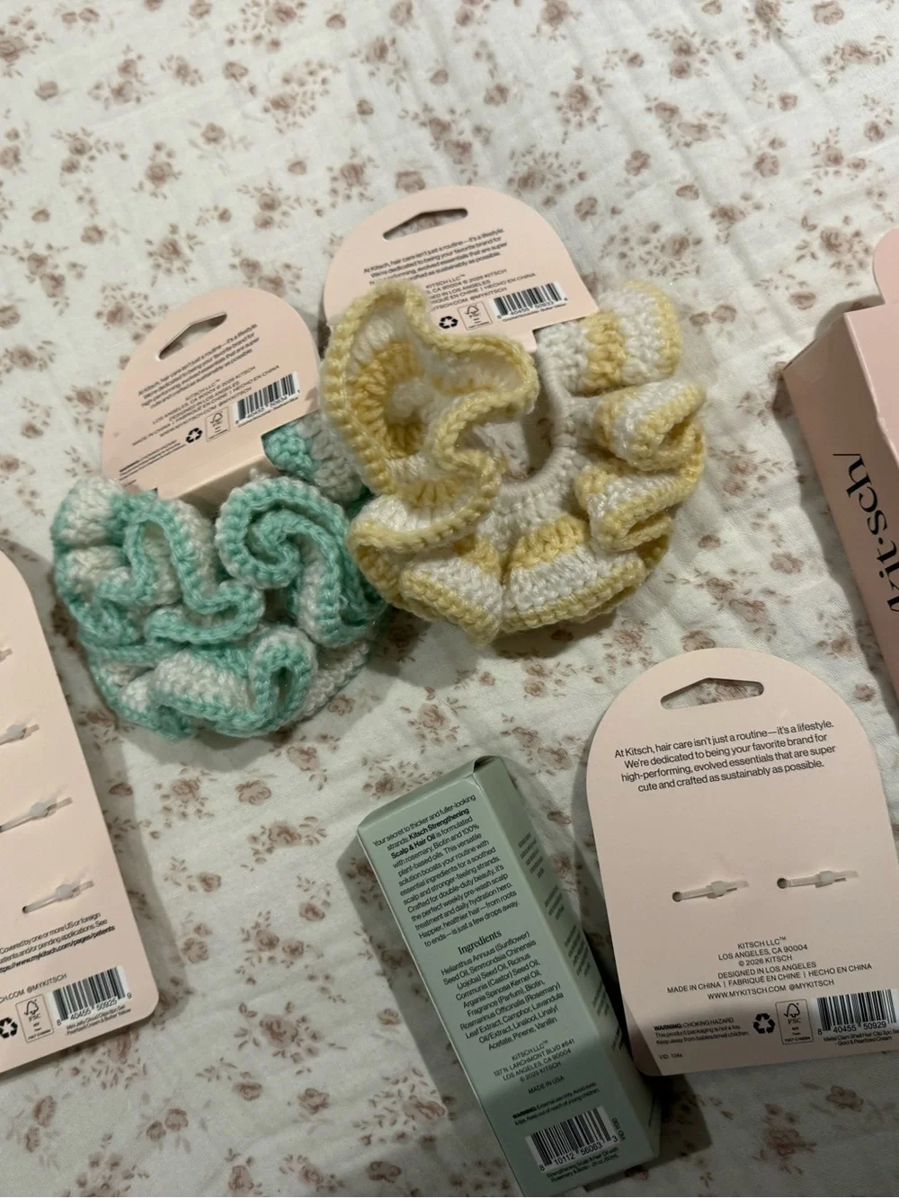 Kitsch Yellow & Mint Kids Crochet Scrunchies and Hair Clips 6 piece Set